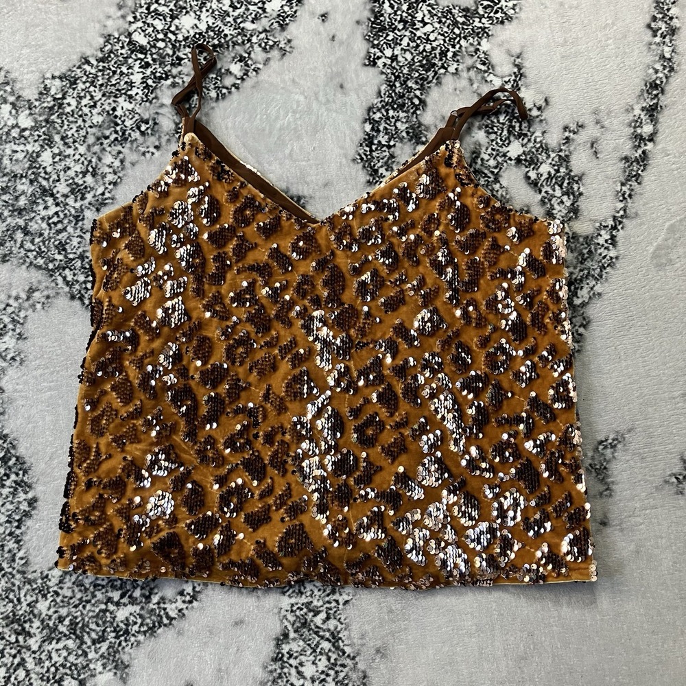 Ro & De Anthropologie Top Womens Sz MP Sequined Gold velvet animal print cami